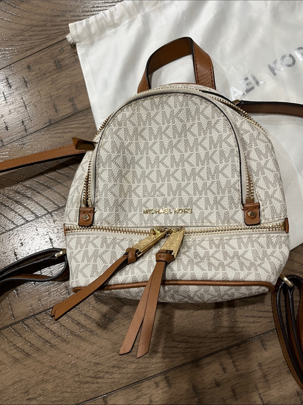 Michael Kors Beige Signature Mini Backpack with Tan Trim